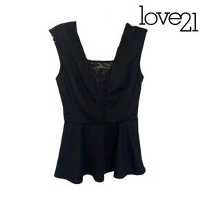 Love21 Women's Sexy Deep V-Neck‎ Pleated Peplum Sleeveless Top